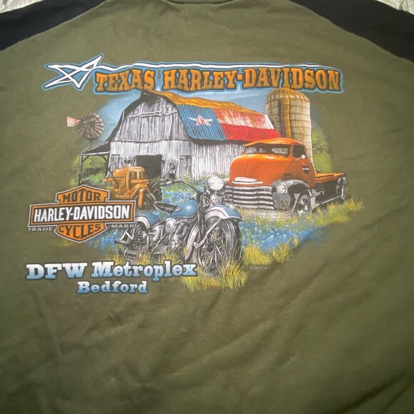 Harley-Davidson Graphic T-Shirt Texas DFW Motorplex Raglan Sleeve Olive/Black M - Picture 6 of 11